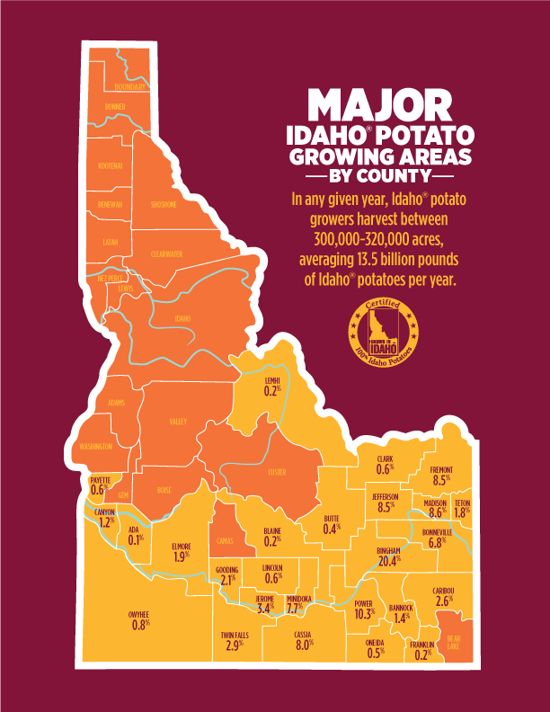 Major Idaho® Potato Growing Areas By County