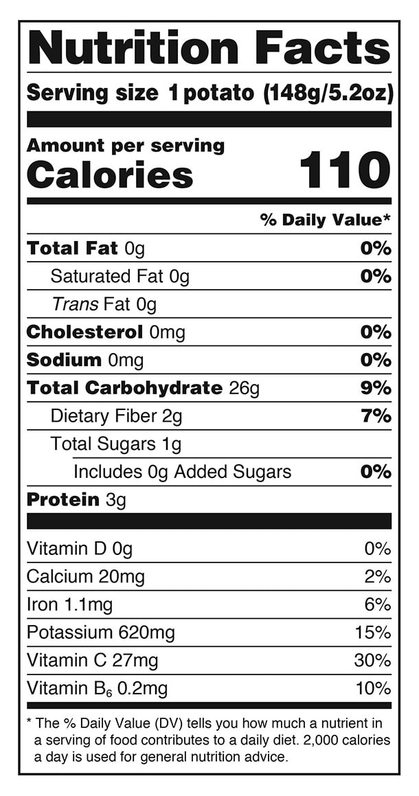 Potato Nutrition Information Label